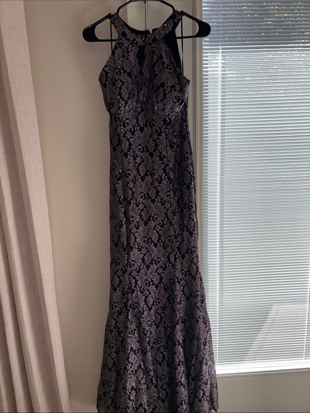 Lace Halter Evening Gown in Black and Silver